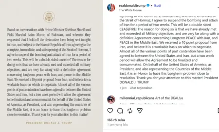 Trump Umumkan Gencatan Senjata Dua Pekan dengan Iran, Selat Hormuz Jadi Syarat Utama Perdamaian Foto BeritaJatim.com