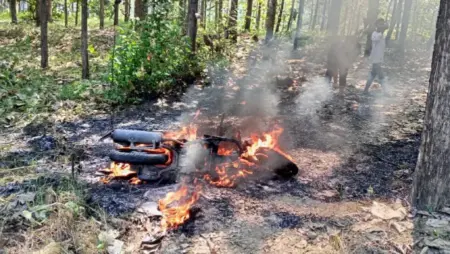 Motor Remaja Asal Tuban Terbakar Setelah Kecelakaan Tunggal di Temayang Bojonegoro Foto BeritaJatim.com