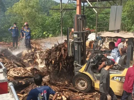 Musim Kemarau Ancam Pacitan, Tumpukan Limbah Kayu Pabrik Pengolahan Terbakar Foto BeritaJatim.com