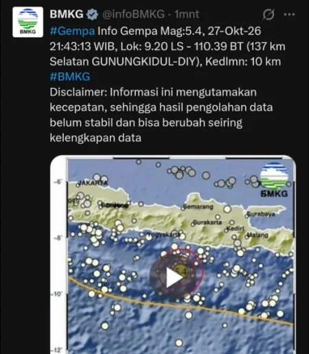 Gempa M 5,4 di Selatan Gunungkidul Dirasakan hingga Ponorogo Foto BeritaJatim.com
